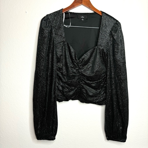 Lulus Splendid Shine Black Sparkly Velvet Ruched Long Sleeve Top‎ - Picture 1 of 5